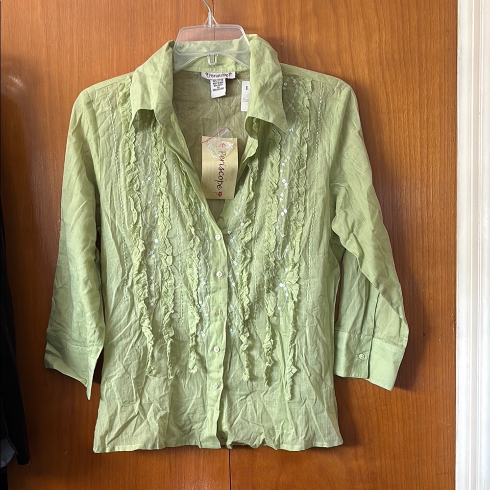 Green Ruched Button Down Shirt with Notched Collar